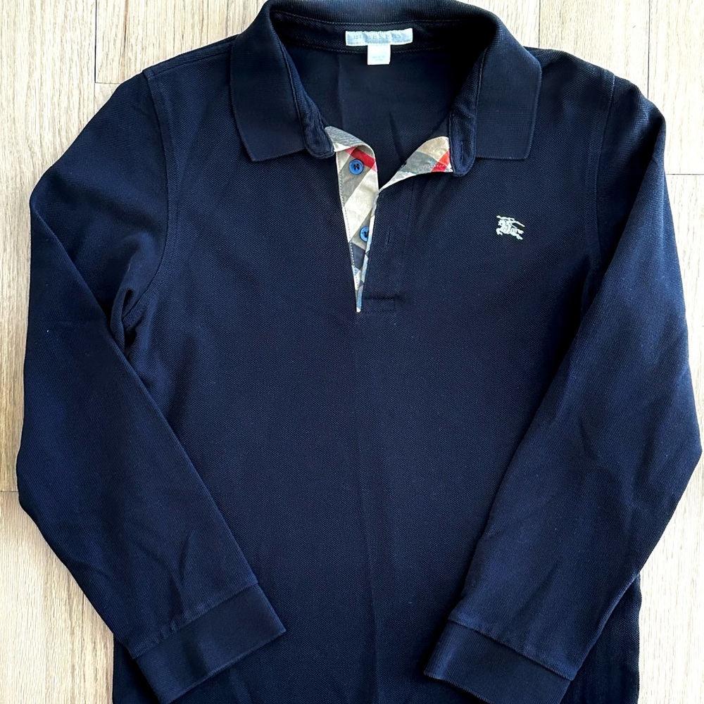Boys Authentic Burberry long sleeve polo, size 12 in Navy Blue